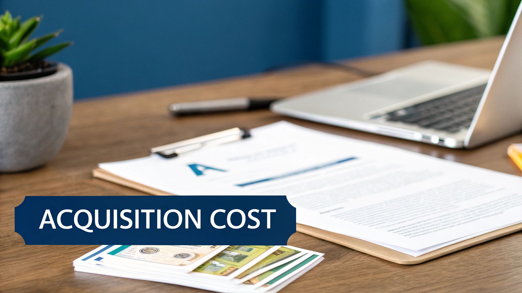 A desk with a laptop, documents on a clipboard, money, and a banner with 'ACQUISITION COST'.