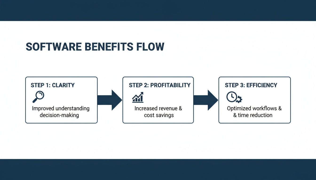 Flowchart illustrating software benefits: Clarity for decision-making, Profitability from revenue growth and cost savings, and Efficiency via optimized workflows.