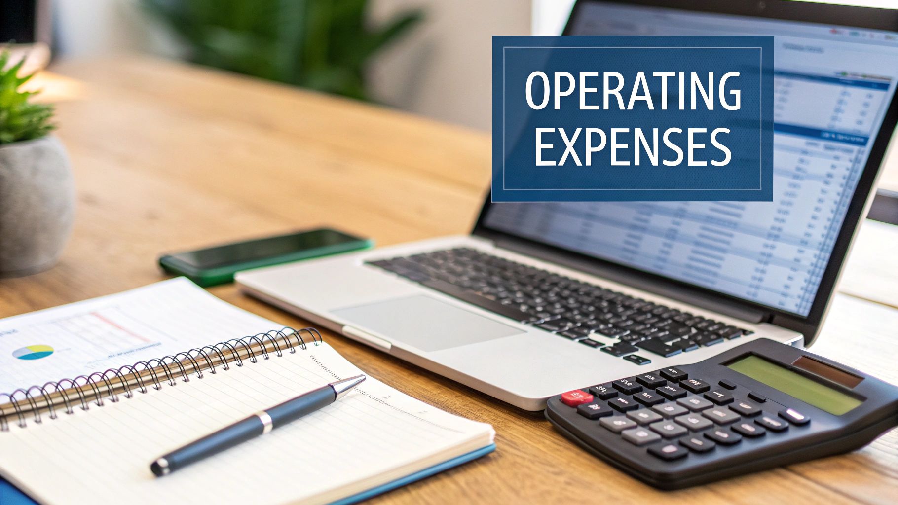 Desktop with laptop displaying operating expenses, calculator, notebook, and pen for financial planning.