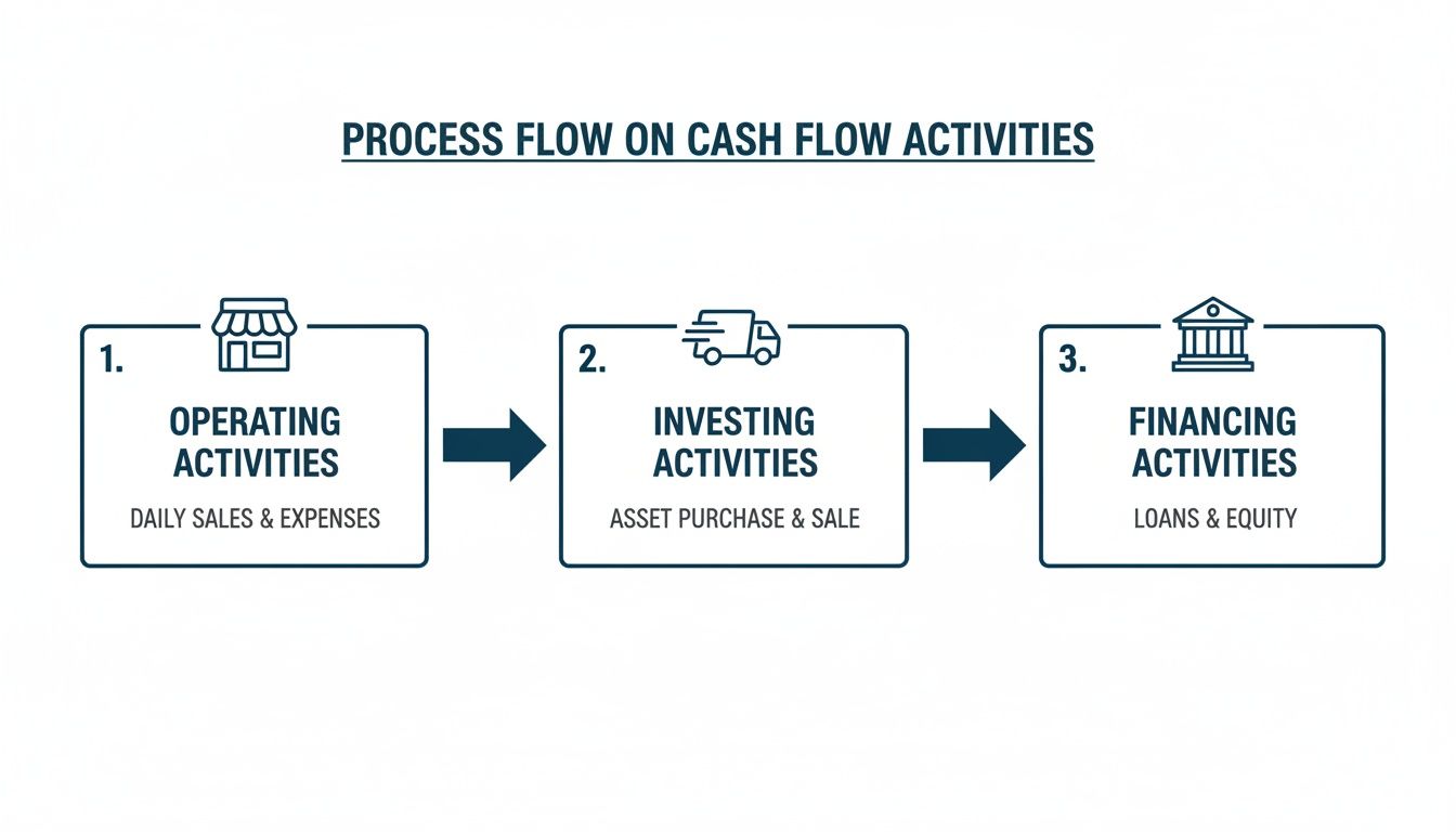 A process flow diagram showing the three main cash flow activities: Operating, Investing, and Financing.