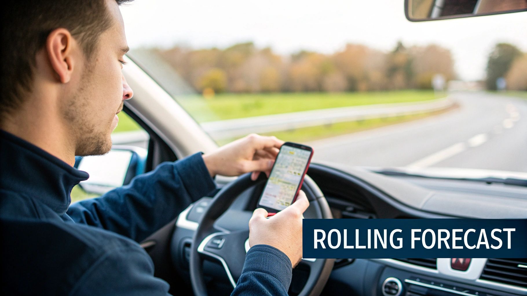 Young man in a car holding a smartphone, looking at its screen while driving.