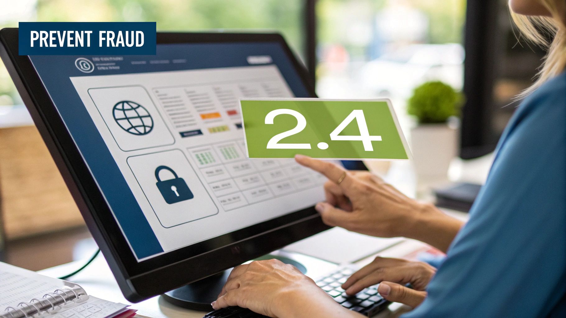 A person works on a computer displaying a fraud prevention dashboard with security icons and 'PREVENT FRAUD'.