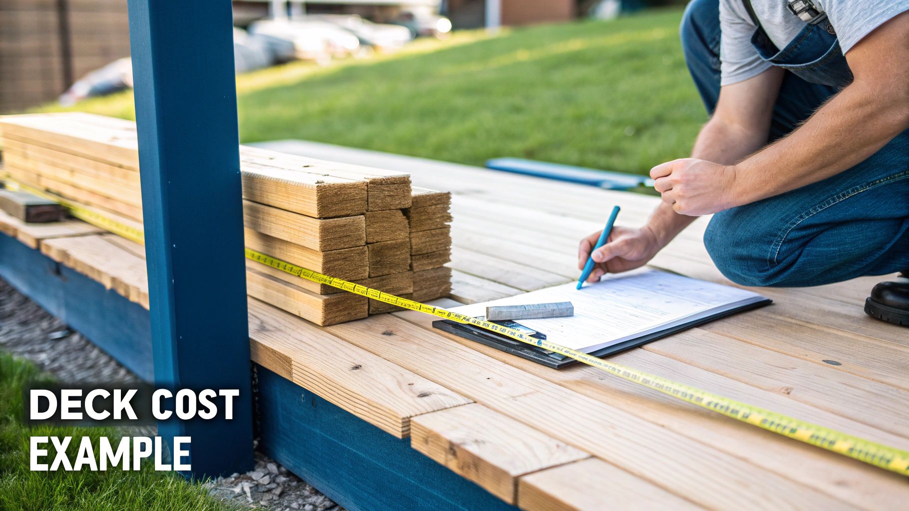 A person calculates deck construction costs with a clipboard, pen, lumber, and measuring tape.