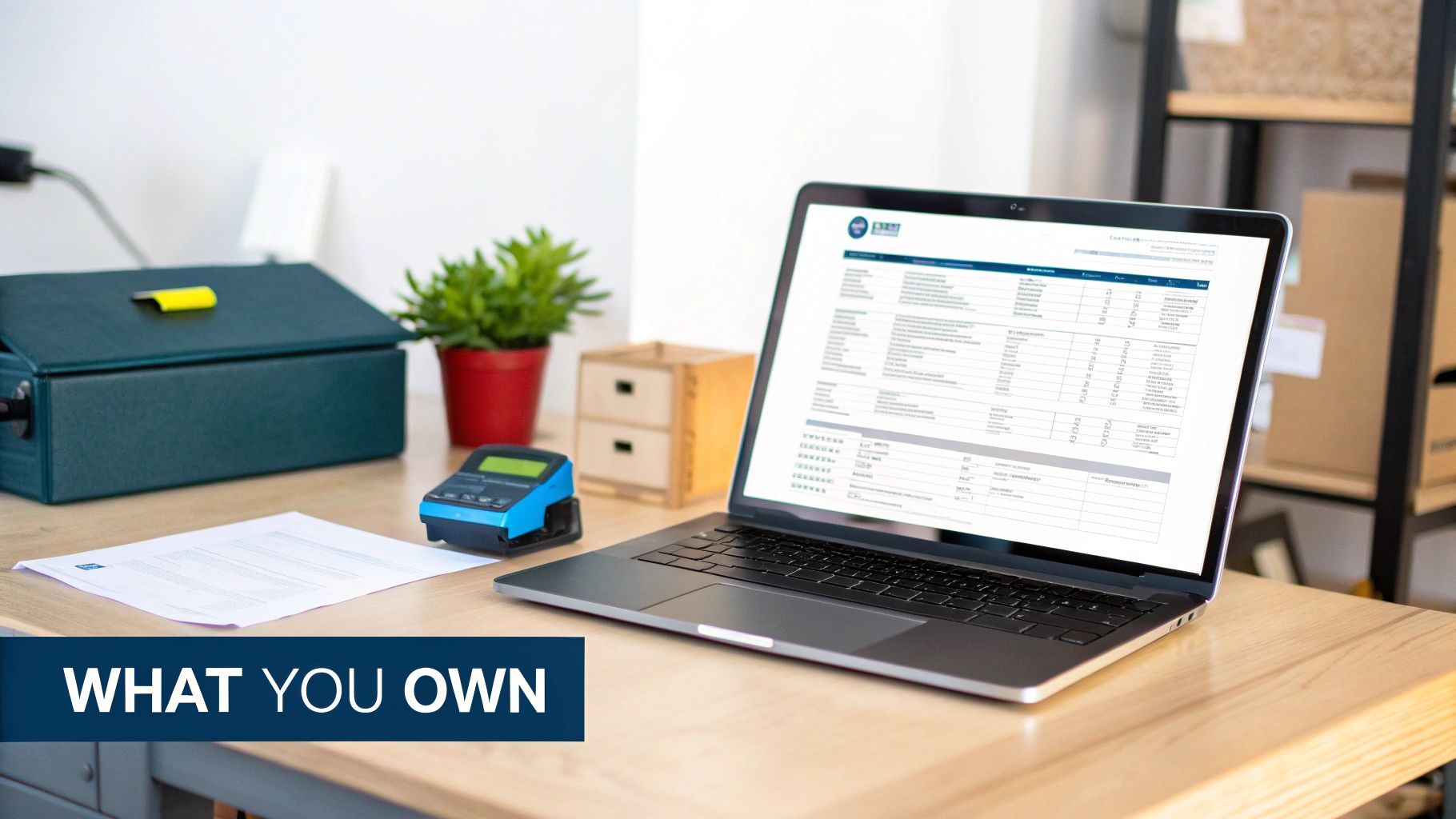A financial balance sheet displayed on a laptop screen on an organized office desk.
