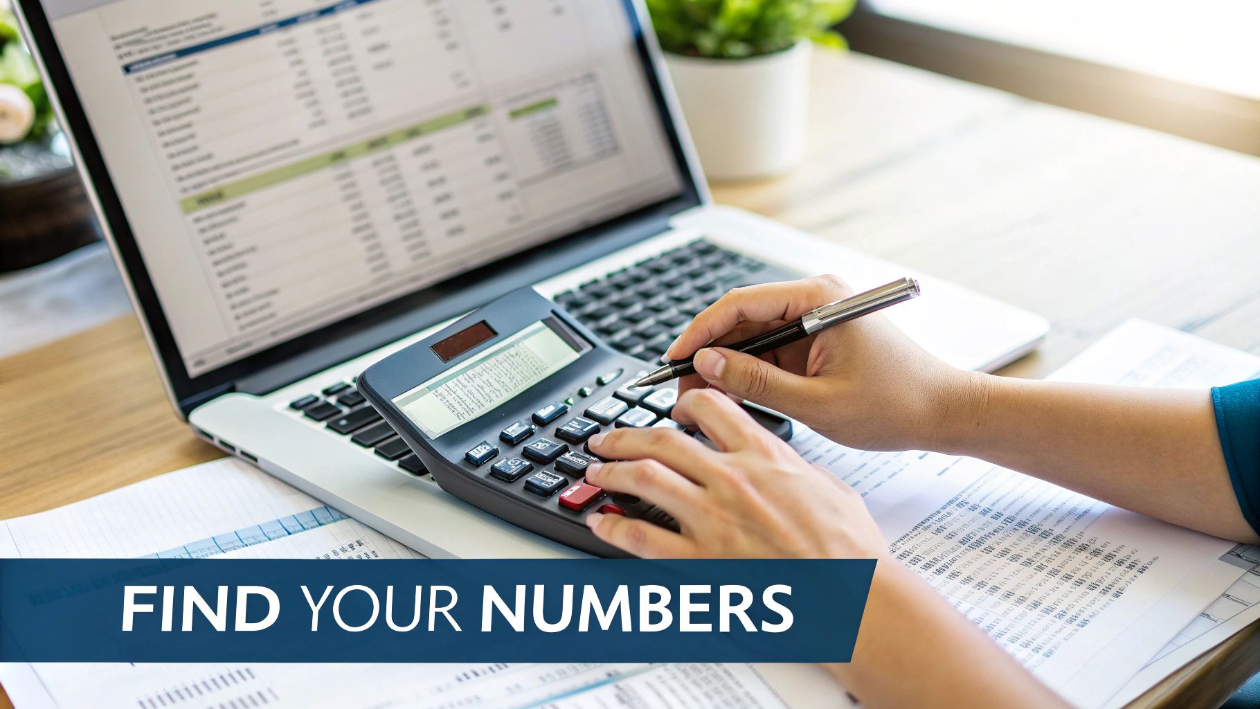 Person calculating numbers using a calculator and a laptop with a spreadsheet on a wooden desk.