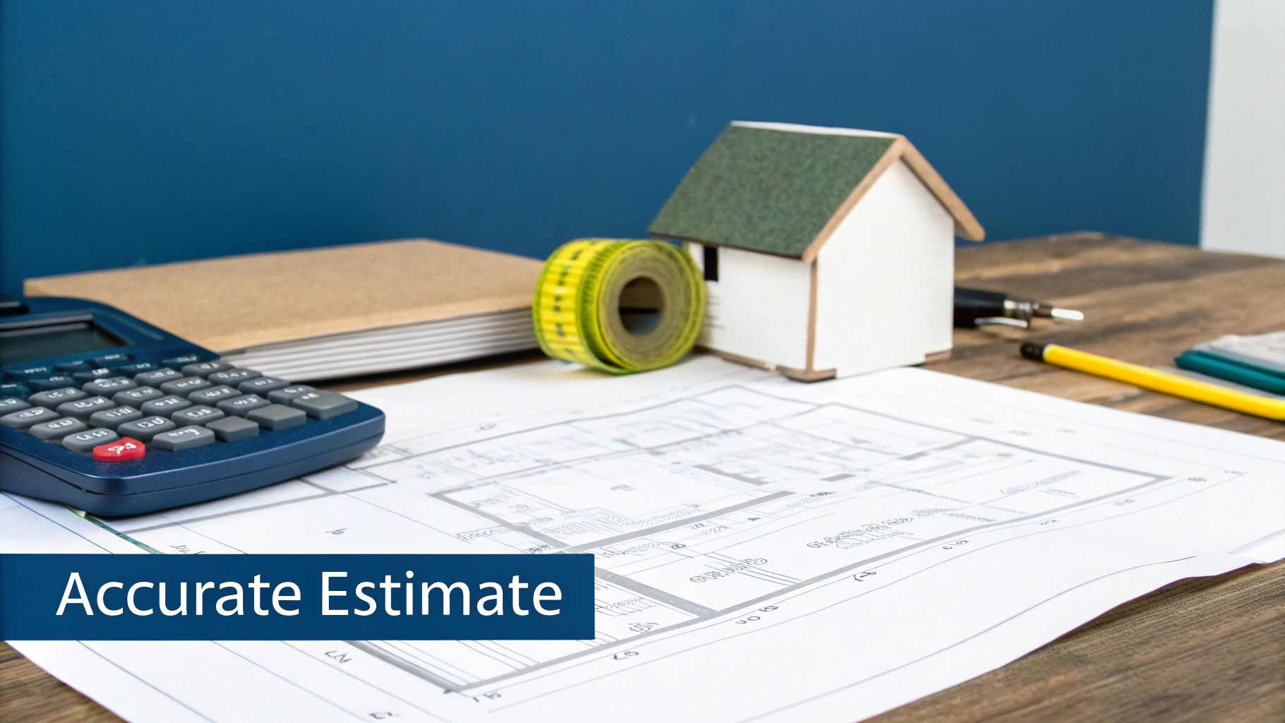 Desk with blueprints, calculator, model house, and measuring tape for accurate construction estimates.