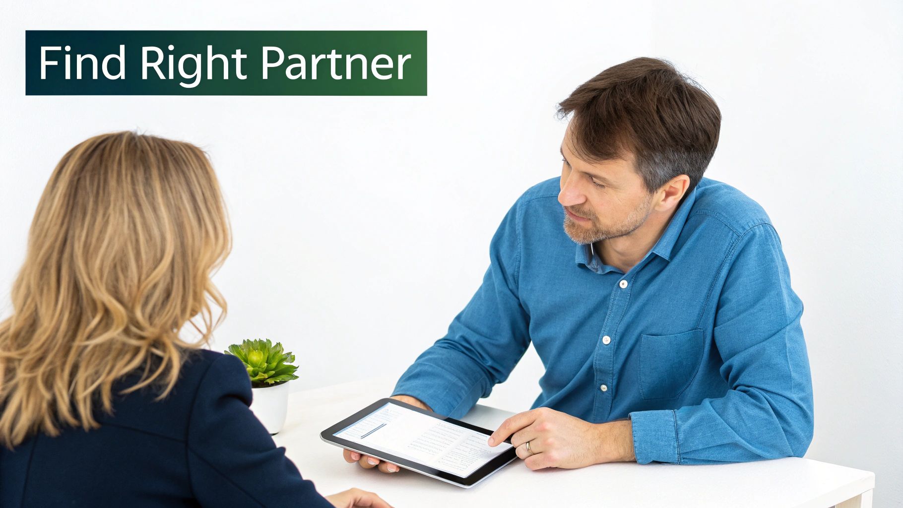 A man showing a tablet to a woman across a table, with text 'Find Right Partner'.