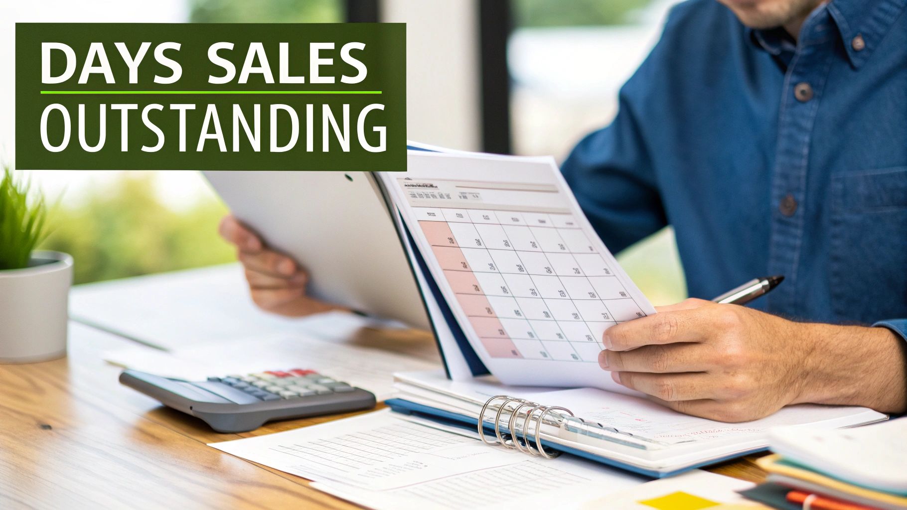 A person reviews a calendar and financial records, working on Days Sales Outstanding calculations.