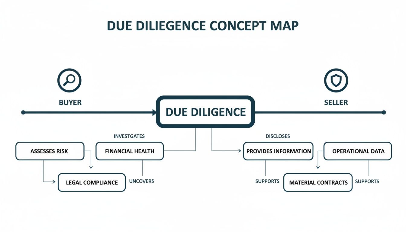 A concept map illustrating the due diligence process between a buyer and a seller.