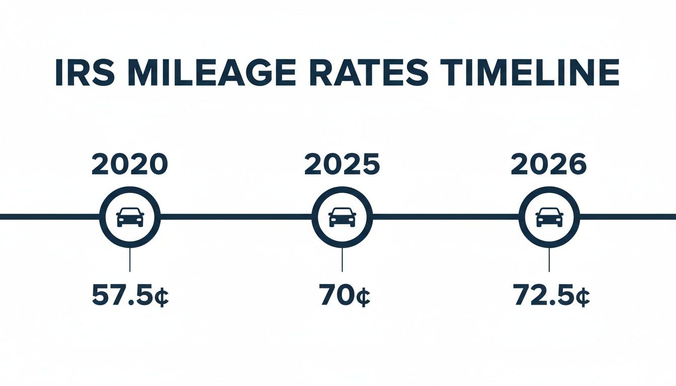 Timeline showing IRS mileage rates for 2020 (57.5¢), 2025 (70¢), and 2026 (72.5¢).