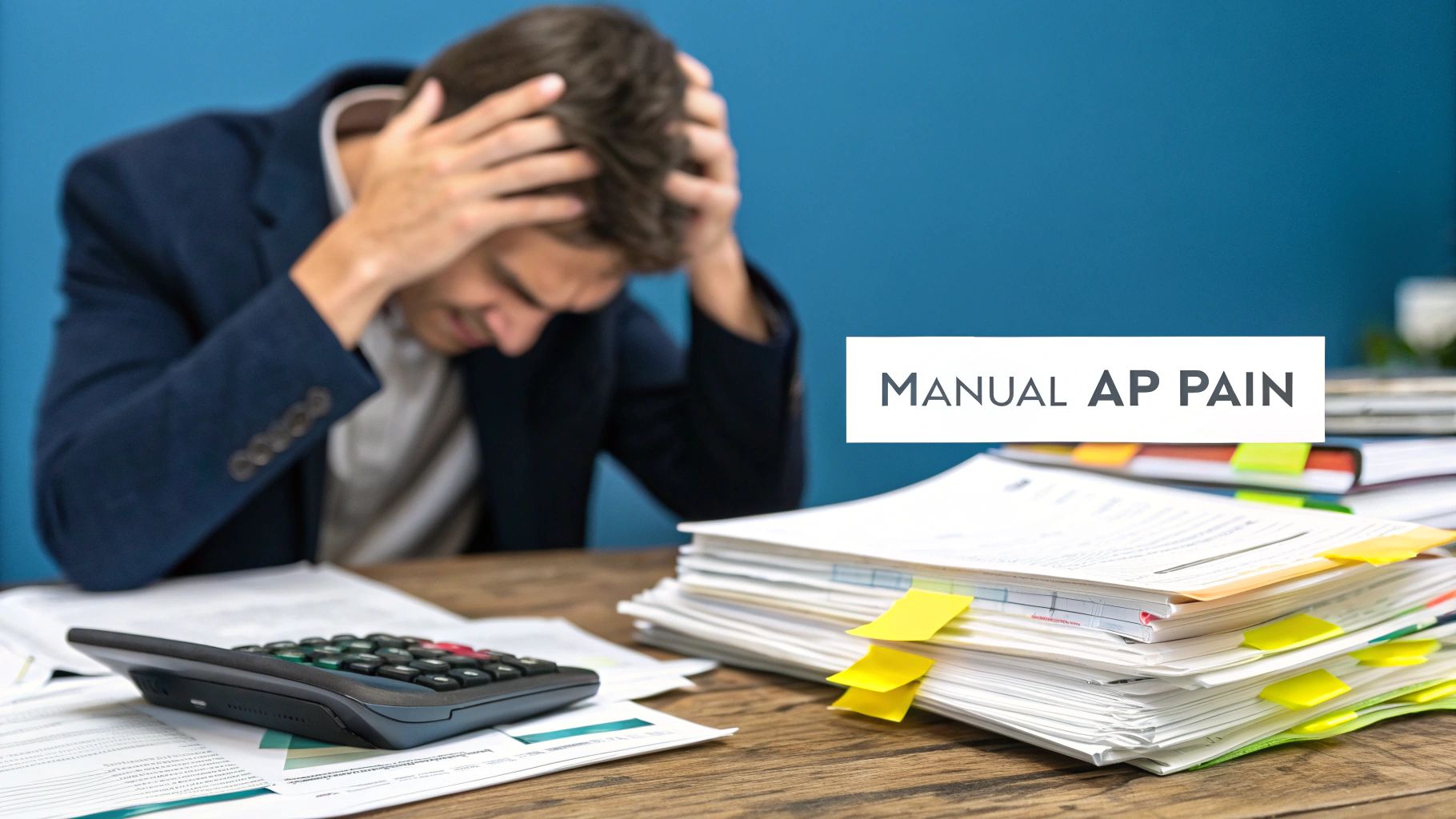 A stressed person overwhelmed by stacks of paper and a calculator, illustrating the pain of manual accounts payable.