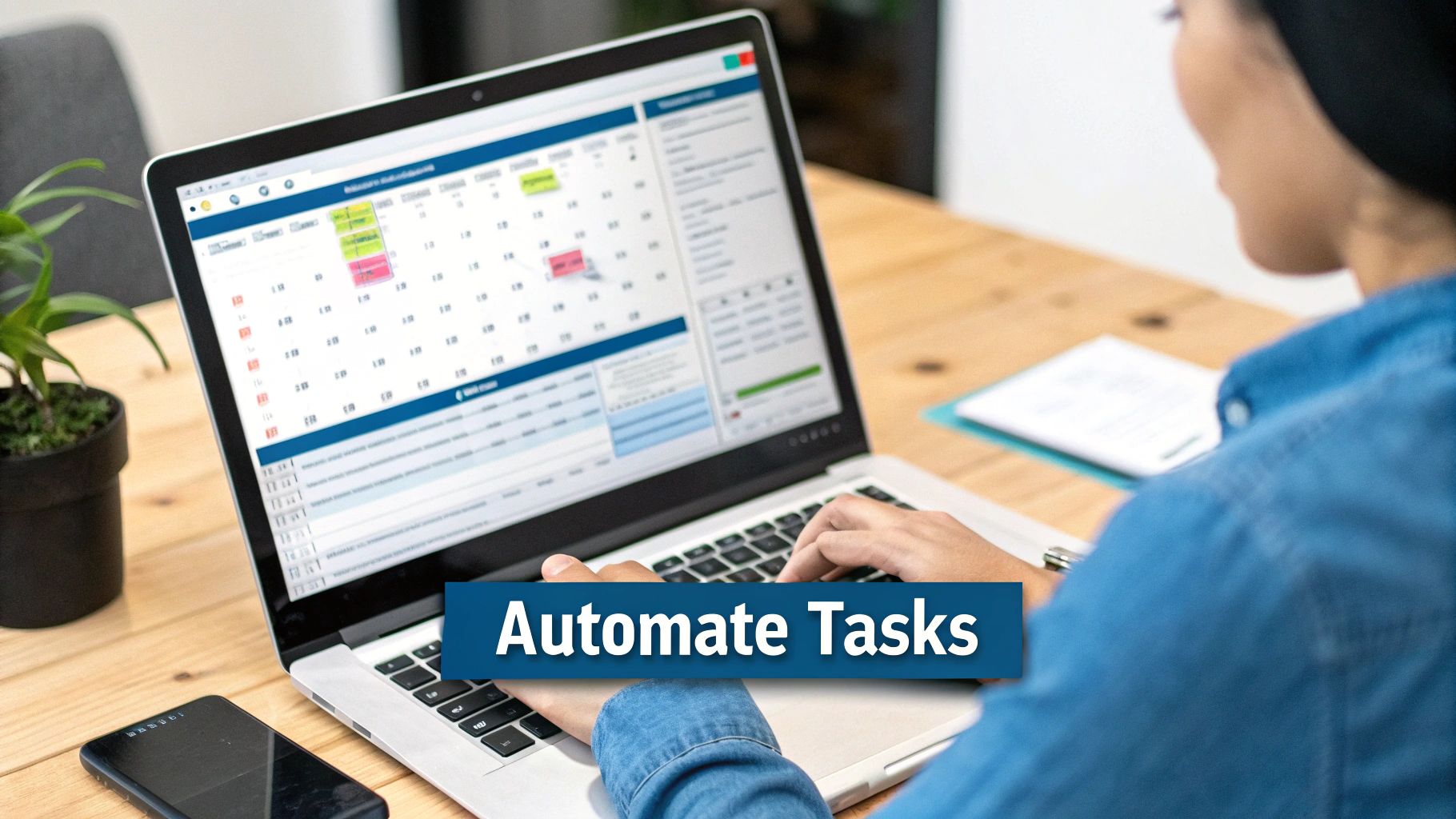 Hands typing on a laptop displaying a scheduling software, with a 'Automate Tasks' banner.
