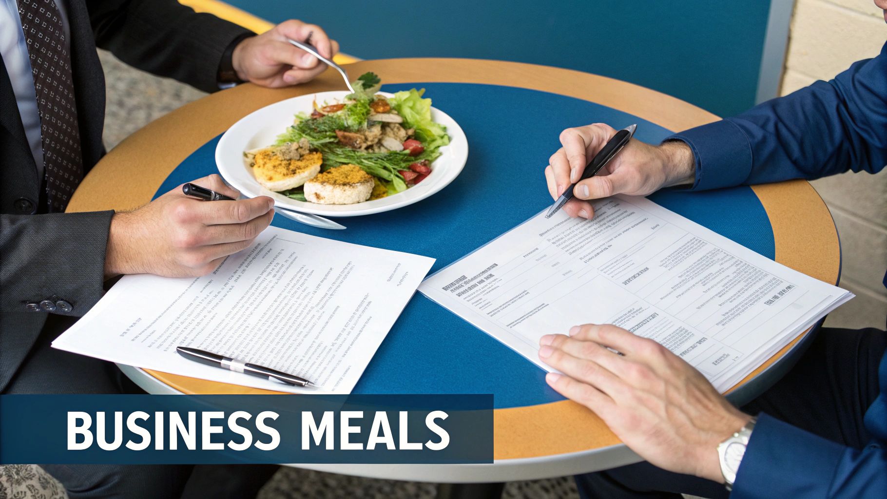 Two businessmen reviewing documents and eating a meal at a table, highlighting business meals.
