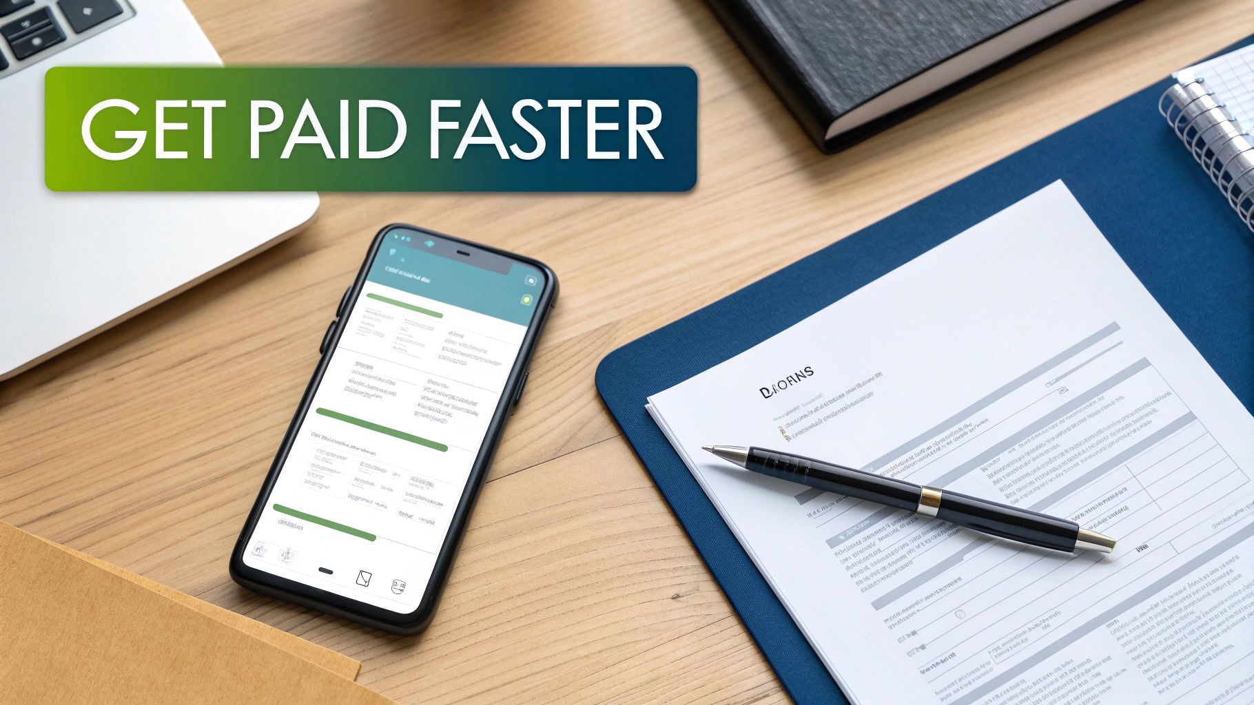 A flat lay of a desk with a laptop, smartphone showing an app, documents, and a 'GET PAID FASTER' banner, symbolizing efficient payments.
