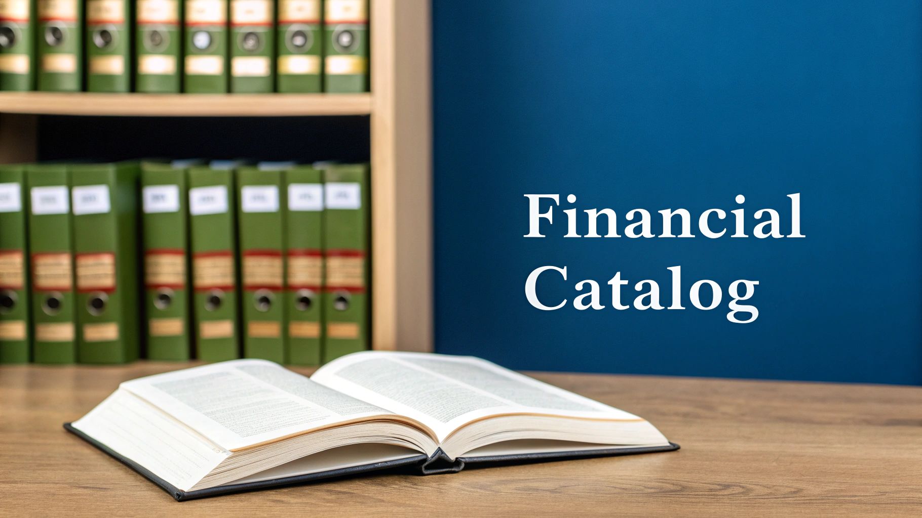 An open book on a wooden desk with green binders and a blue wall displaying "Financial Catalog".
