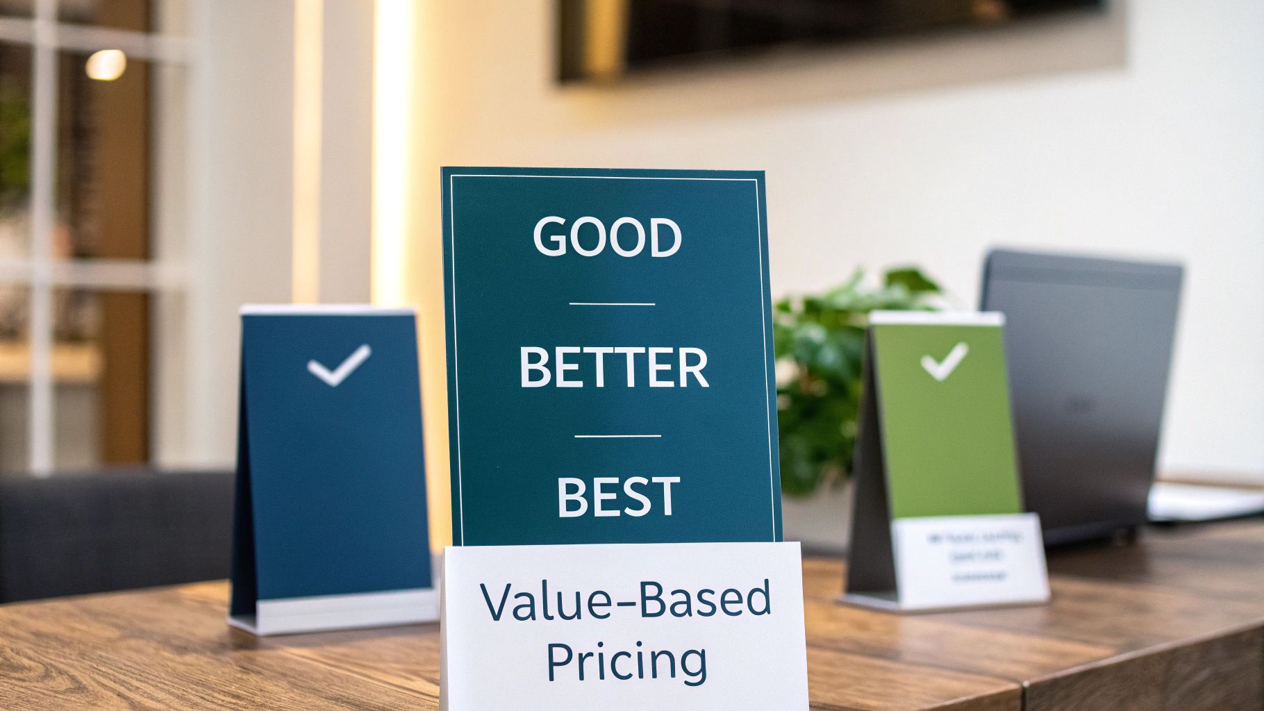 Close-up of signs on a wooden table, one featuring 'GOOD BETTER BEST' for value-based pricing.