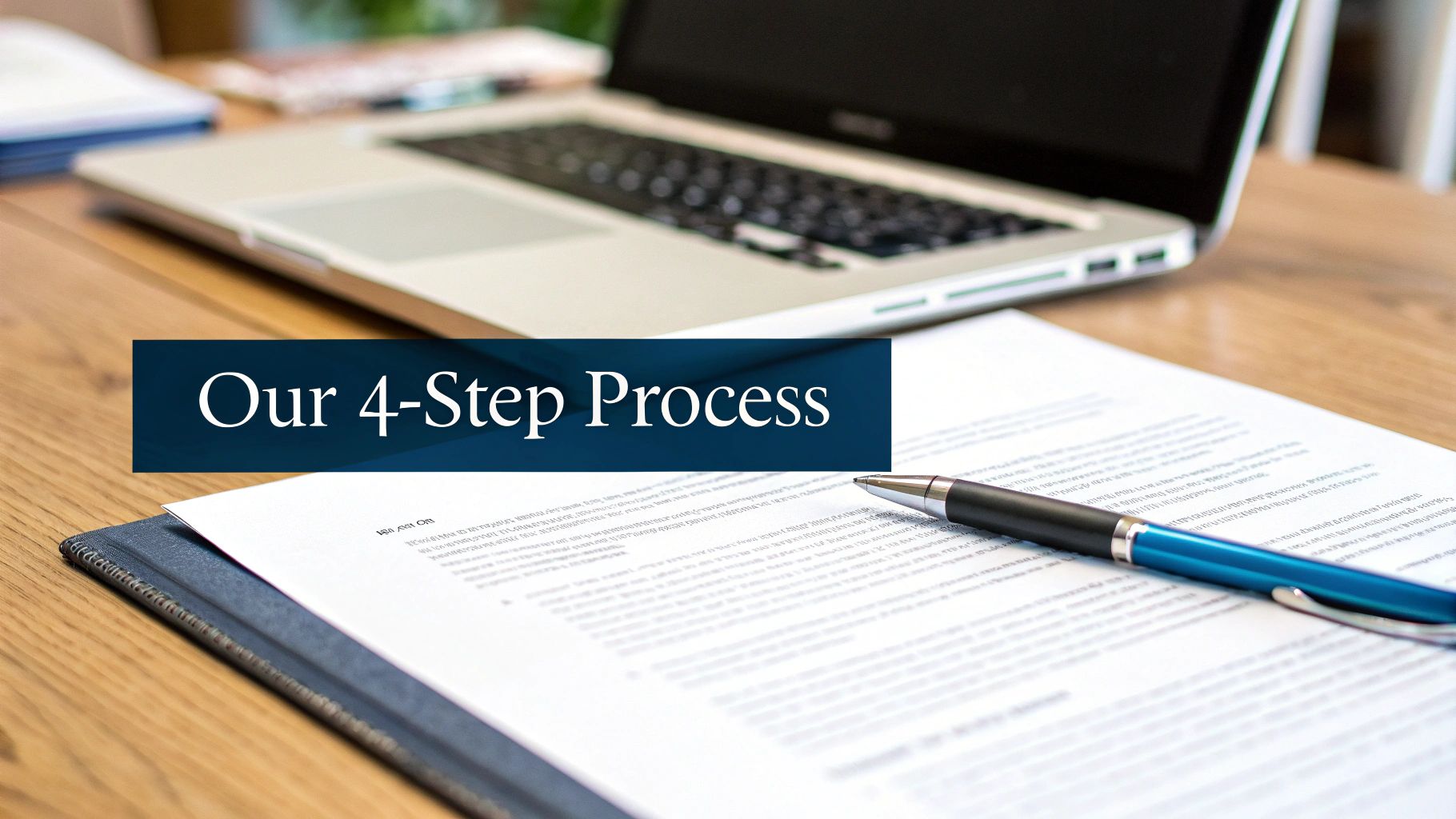 A close-up of a wooden desk with a laptop, documents, a blue pen, and text 'Our 4-Step Process'.