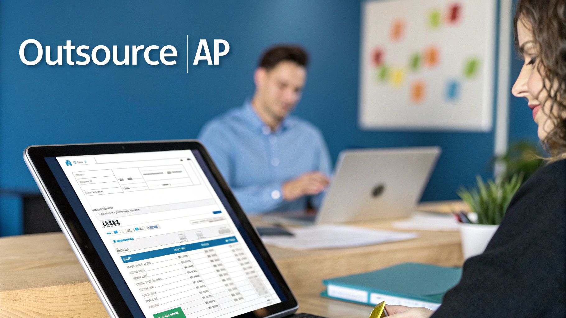 A woman uses a tablet displaying a financial dashboard with a man working on a laptop.