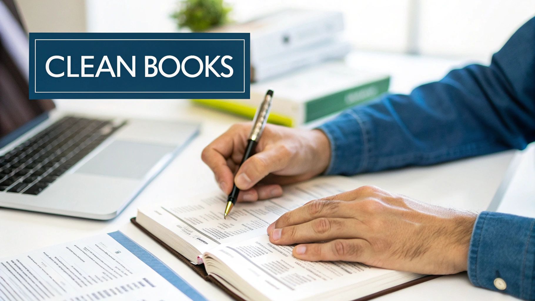A person writing in an open book with a pen, next to a laptop and "CLEAN BOOKS" text.