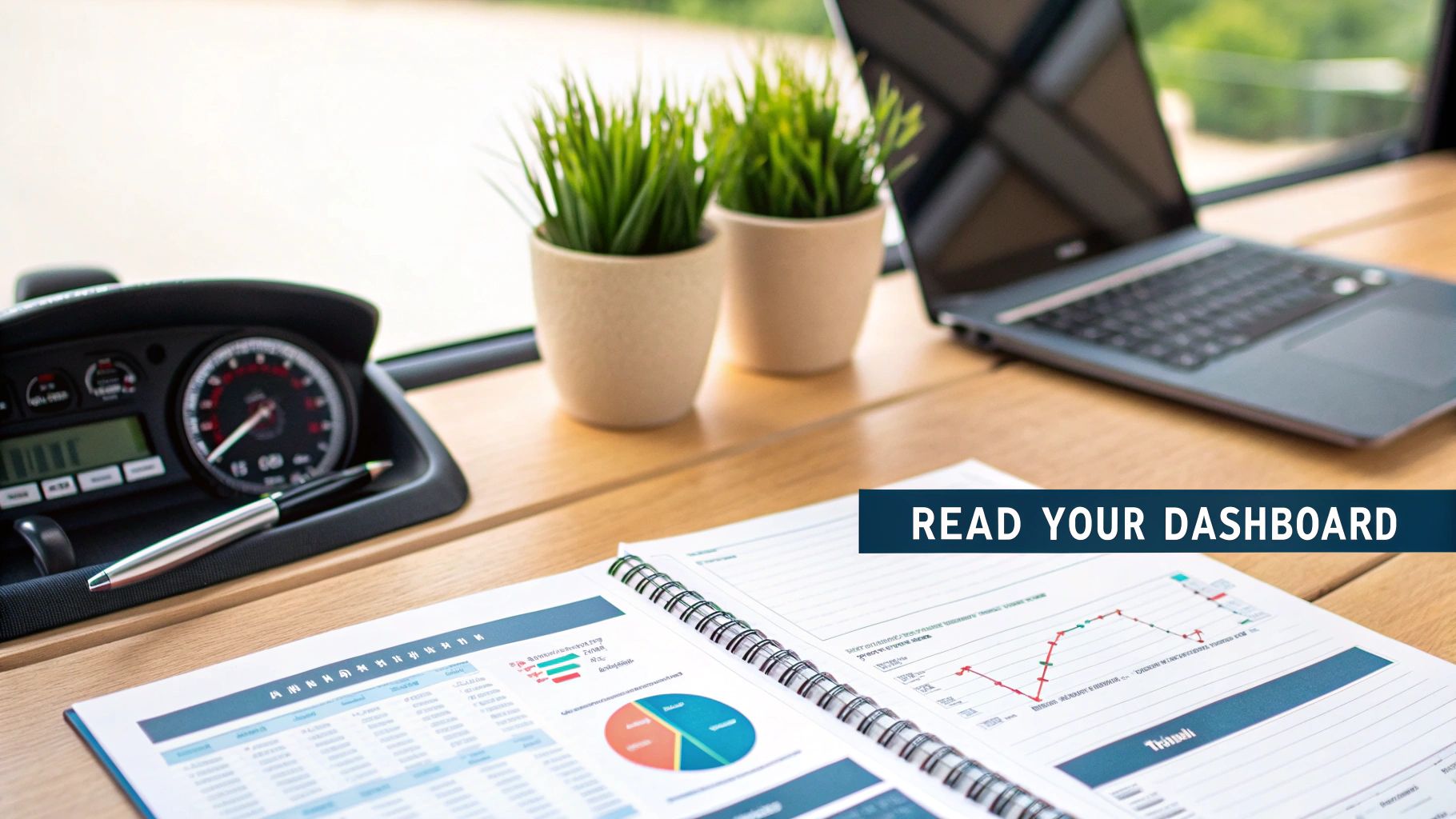 A desk with a laptop, potted plants, and an open notebook displaying financial charts and data.