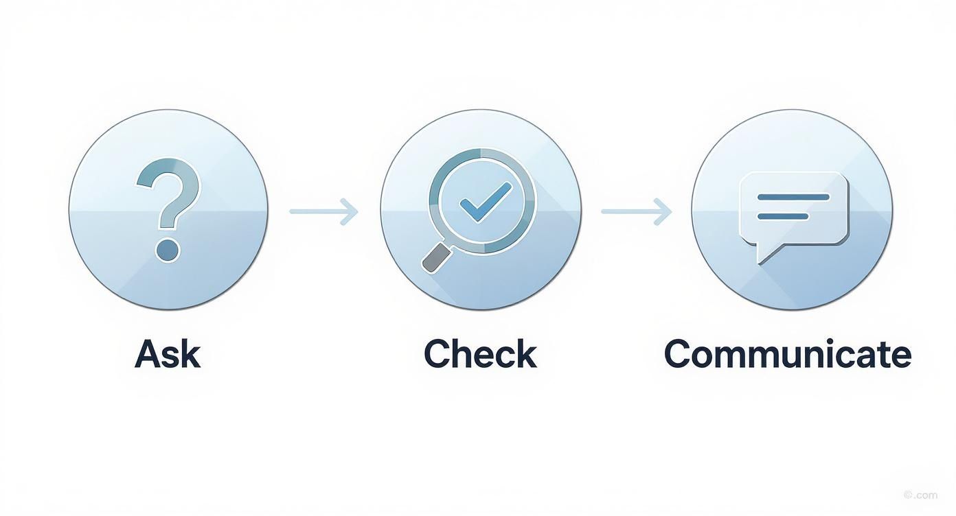 A three-step process with icons: Ask (question mark), Check (magnifying glass), Communicate (speech bubble).