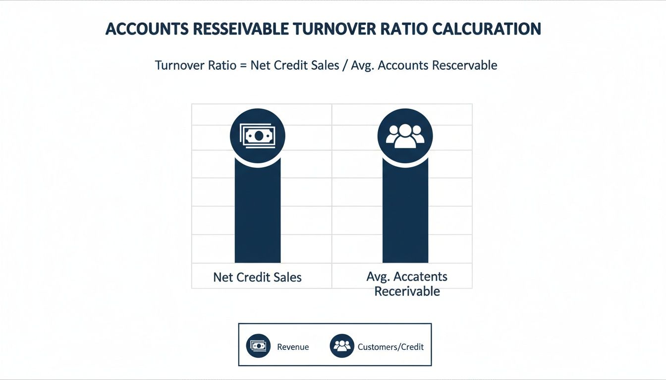An infographic visually explaining the Accounts Receivable Turnover Ratio calculation with its formula and key components.