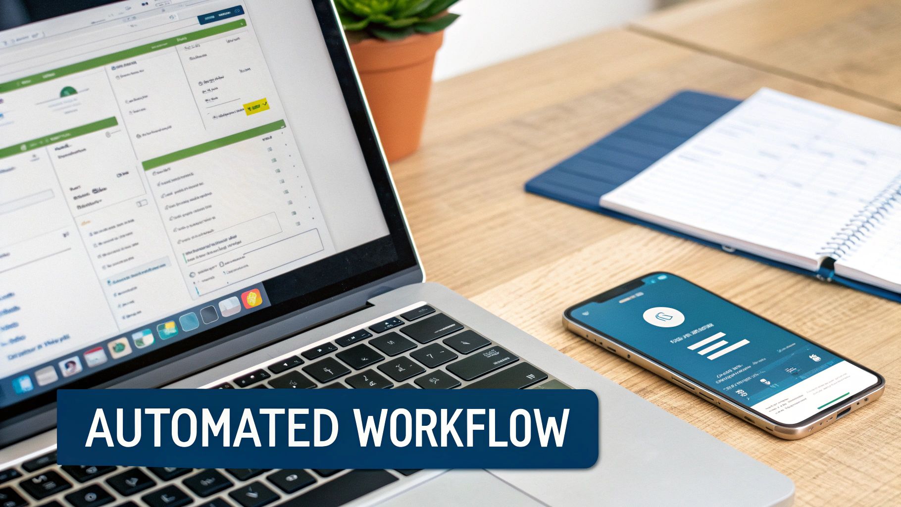 Close-up of a laptop displaying a complex dashboard and a smartphone, highlighting an 'Automated Workflow'.