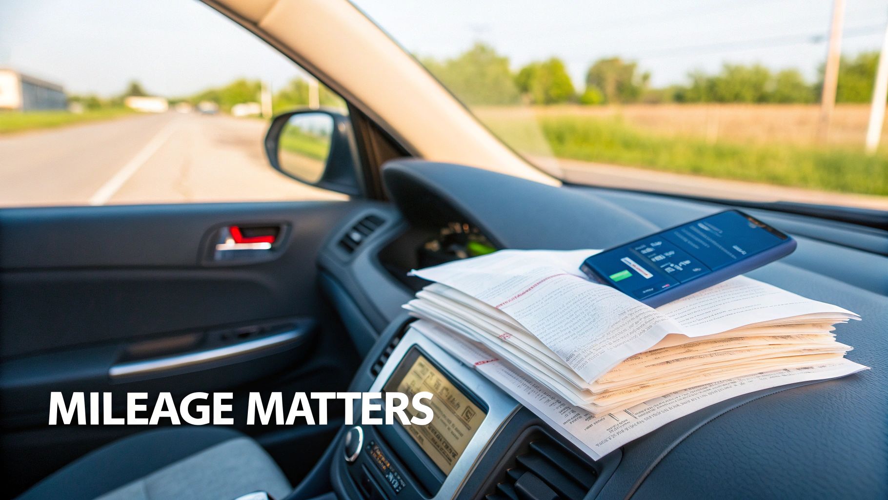 Inside a car, a smartphone and stack of papers sit on the dashboard, likely for tracking business mileage.
