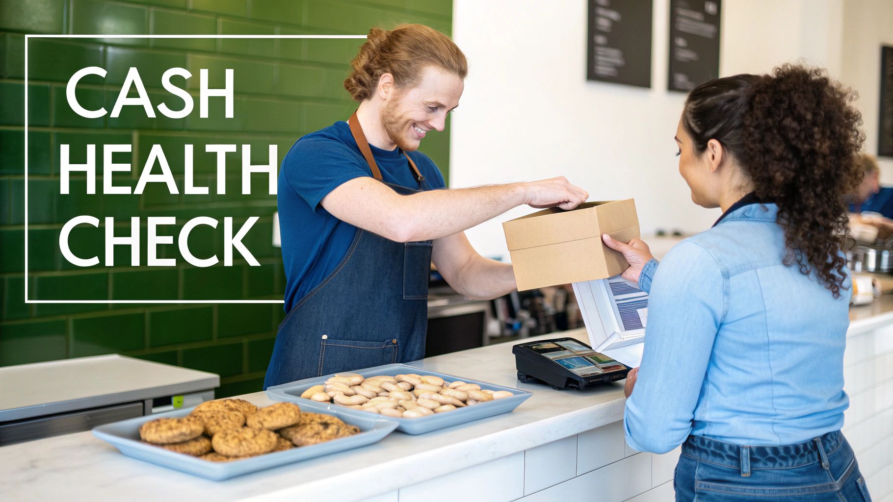 A smiling male cafe worker hands a boxed pastry to a female customer at the counter.