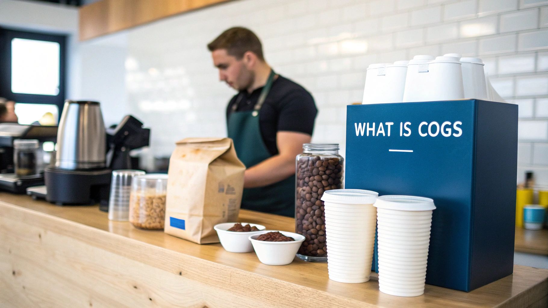 A barista works behind a coffee shop counter with various coffee ingredients and cups, and a blue 'WHAT IS COGS' box.
