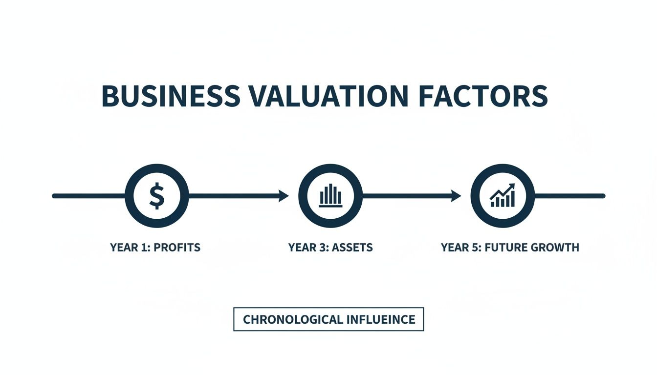 A diagram illustrating business valuation factors: Year 1 profits, Year 3 assets, and Year 5 future growth, showing chronological influence.
