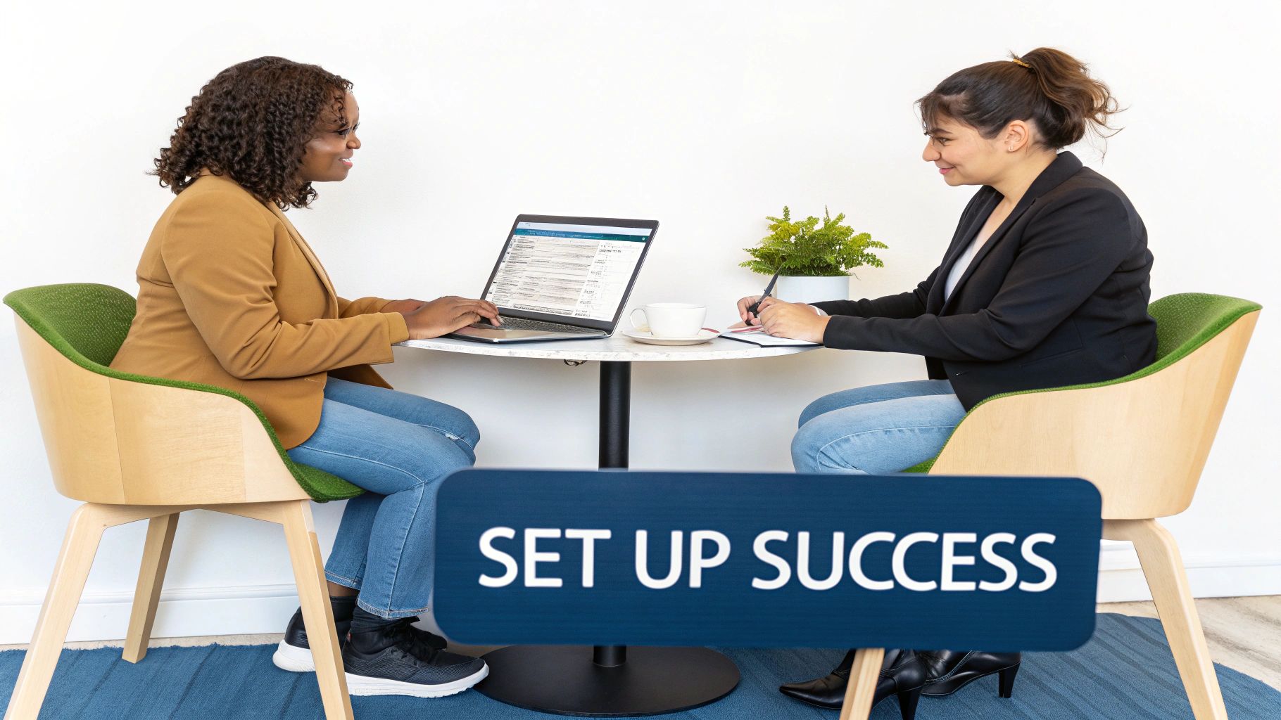 Two businesswomen collaborating at a table, one using a laptop, the other taking notes, promoting 'SET UP SUCCESS'.