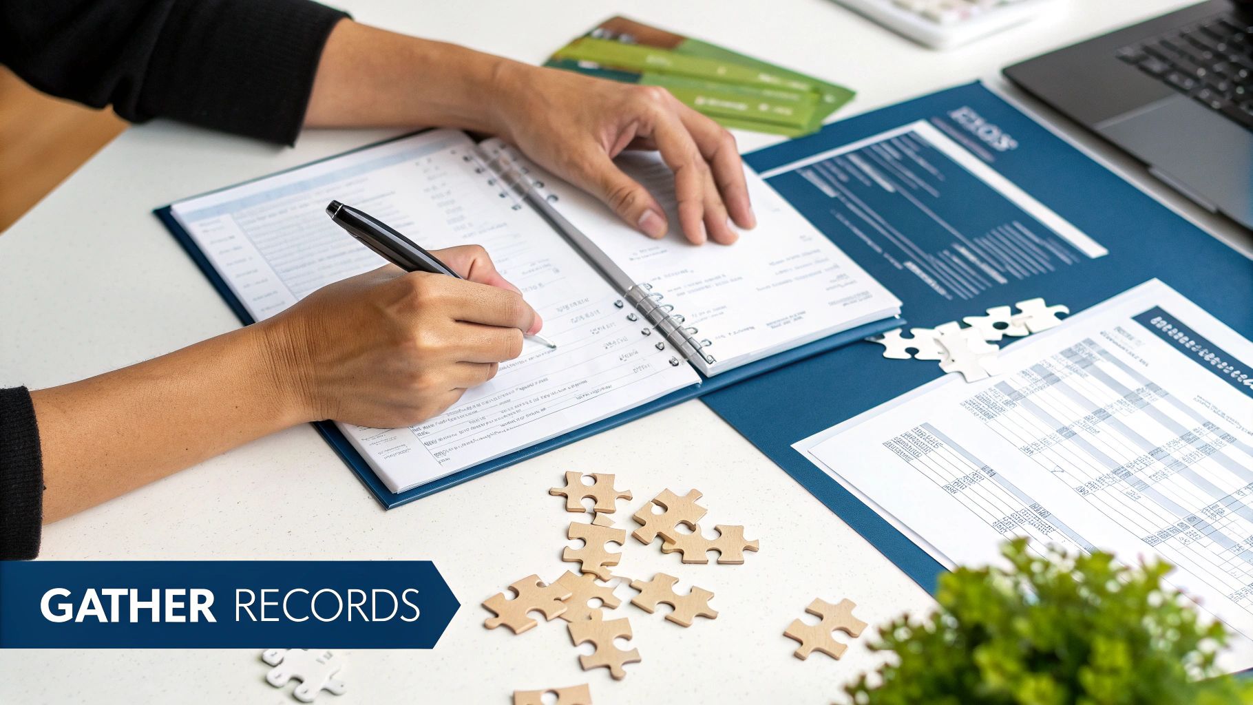Professional woman writing notes while gathering financial records and reviewing budget documents at desk