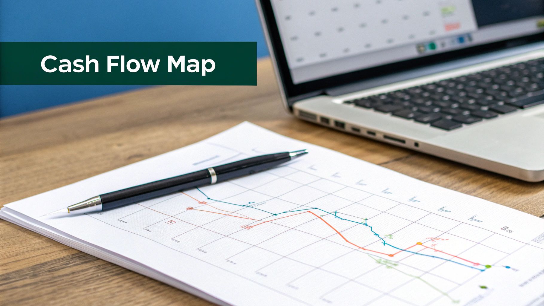 A desk with a laptop, a pen, and a paper displaying a cash flow map graph.