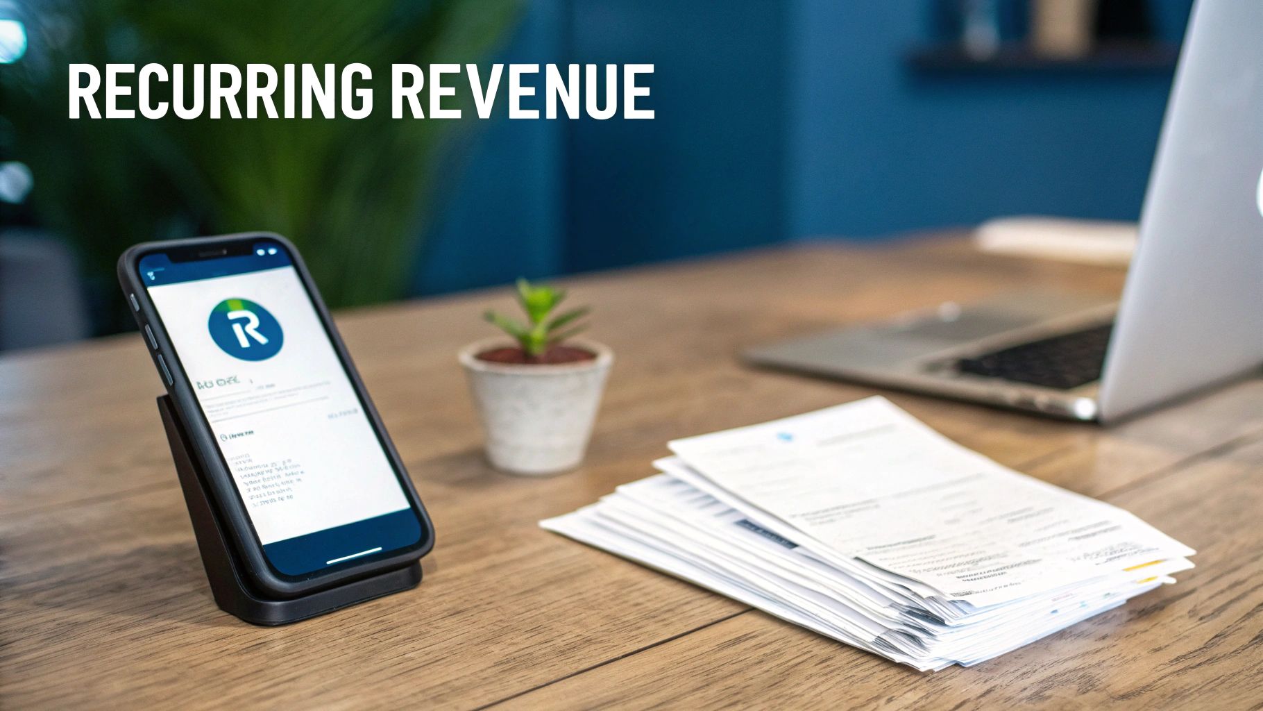 Smartphone with an app showing a letter R, laptop, and documents on a desk, highlighting recurring revenue.