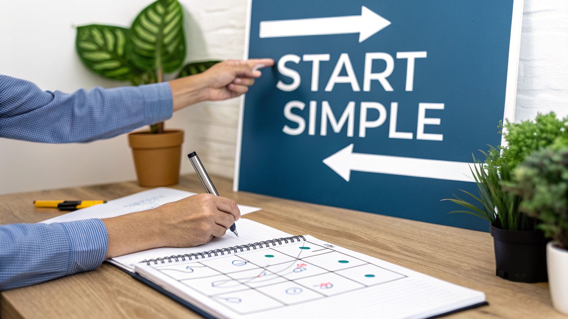 A person pointing at a 'START SIMPLE' sign and writing notes in a spiral notebook on a desk.