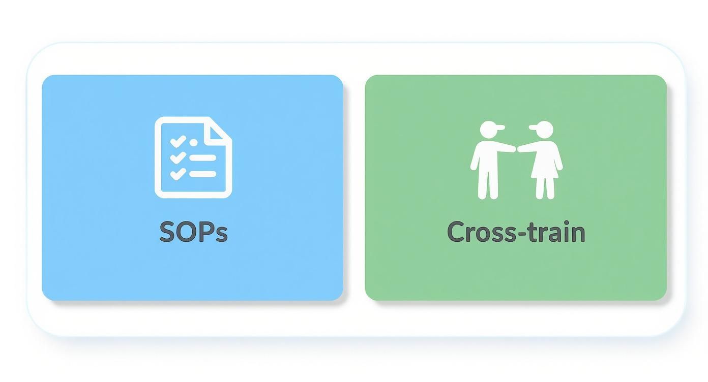 Two cards with icons: one for SOPs (Standard Operating Procedures) and one for cross-training employees.