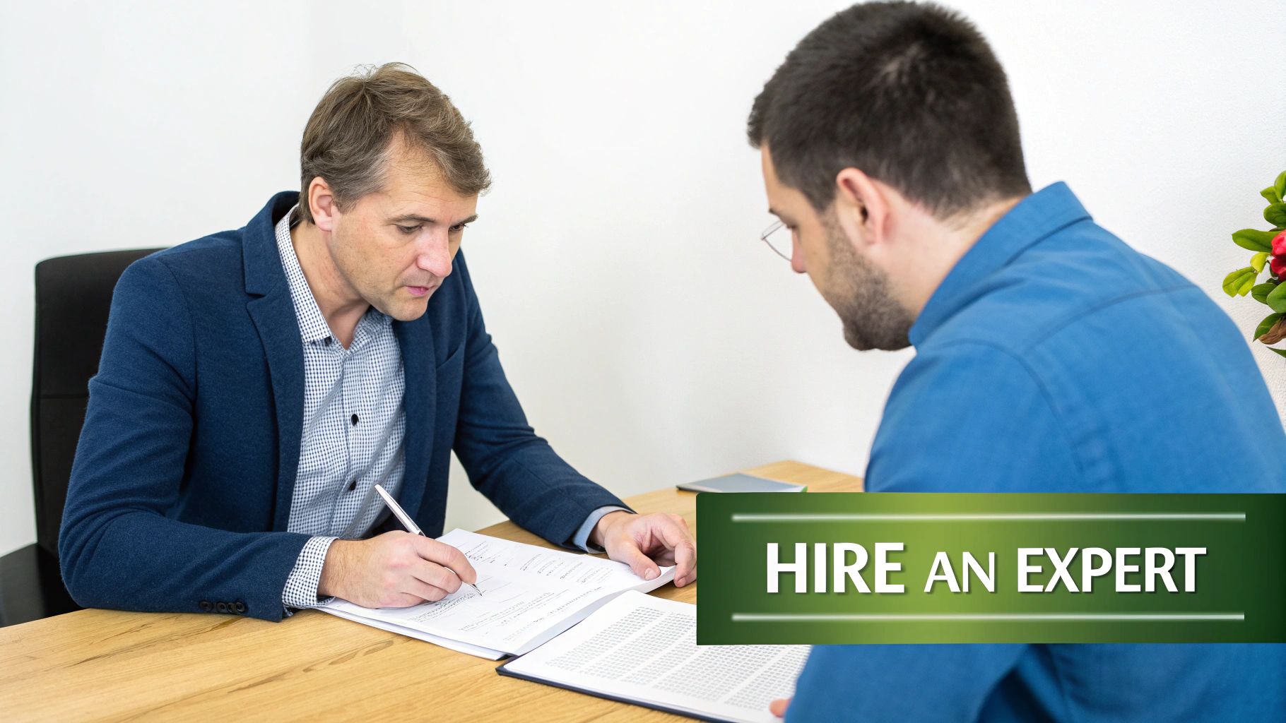 Two men in a professional setting, one signing documents while the other observes, with 'HIRE AN EXPERT' overlay.