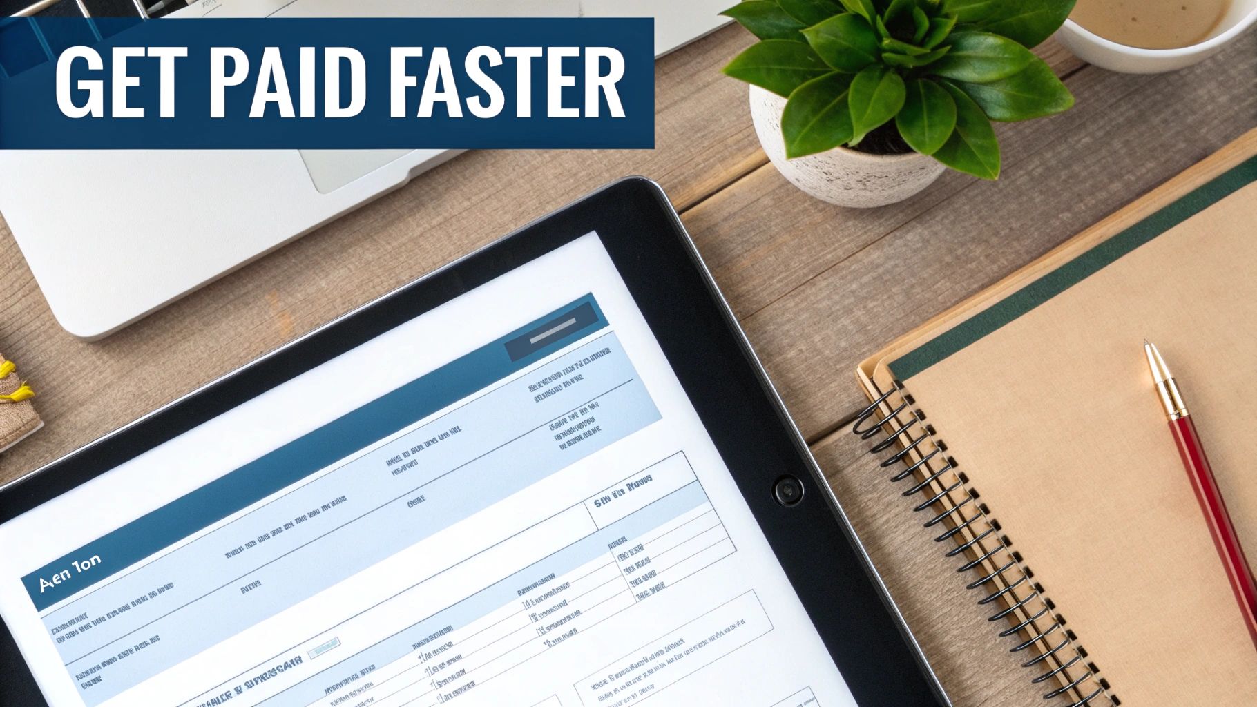 Overhead view of a digital tablet showing a form, laptop, and "GET PAID FASTER" banner on a desk.