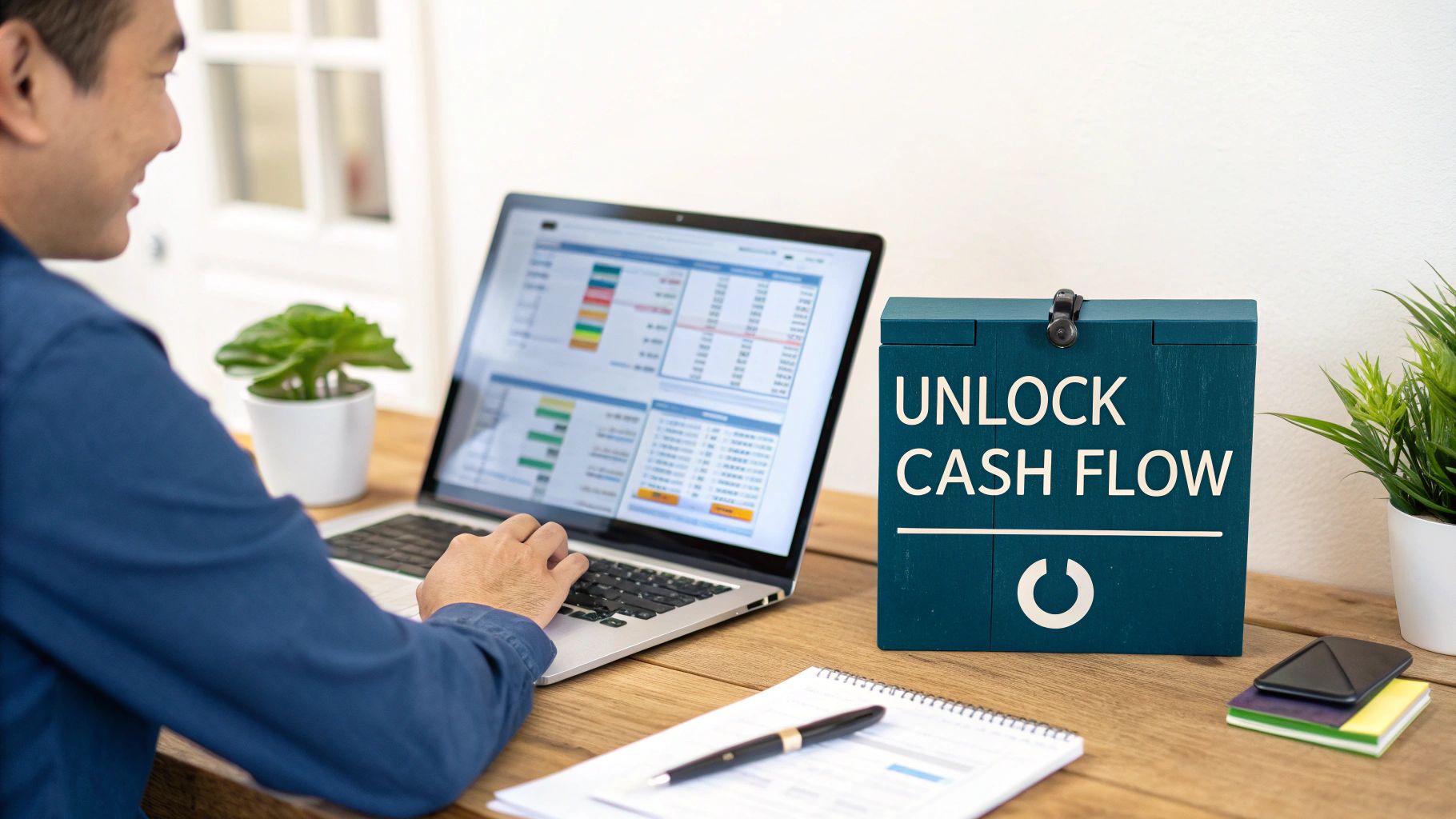 A man smiling while working on a laptop, with a "UNLOCK CASH FLOW" box on a wooden desk.