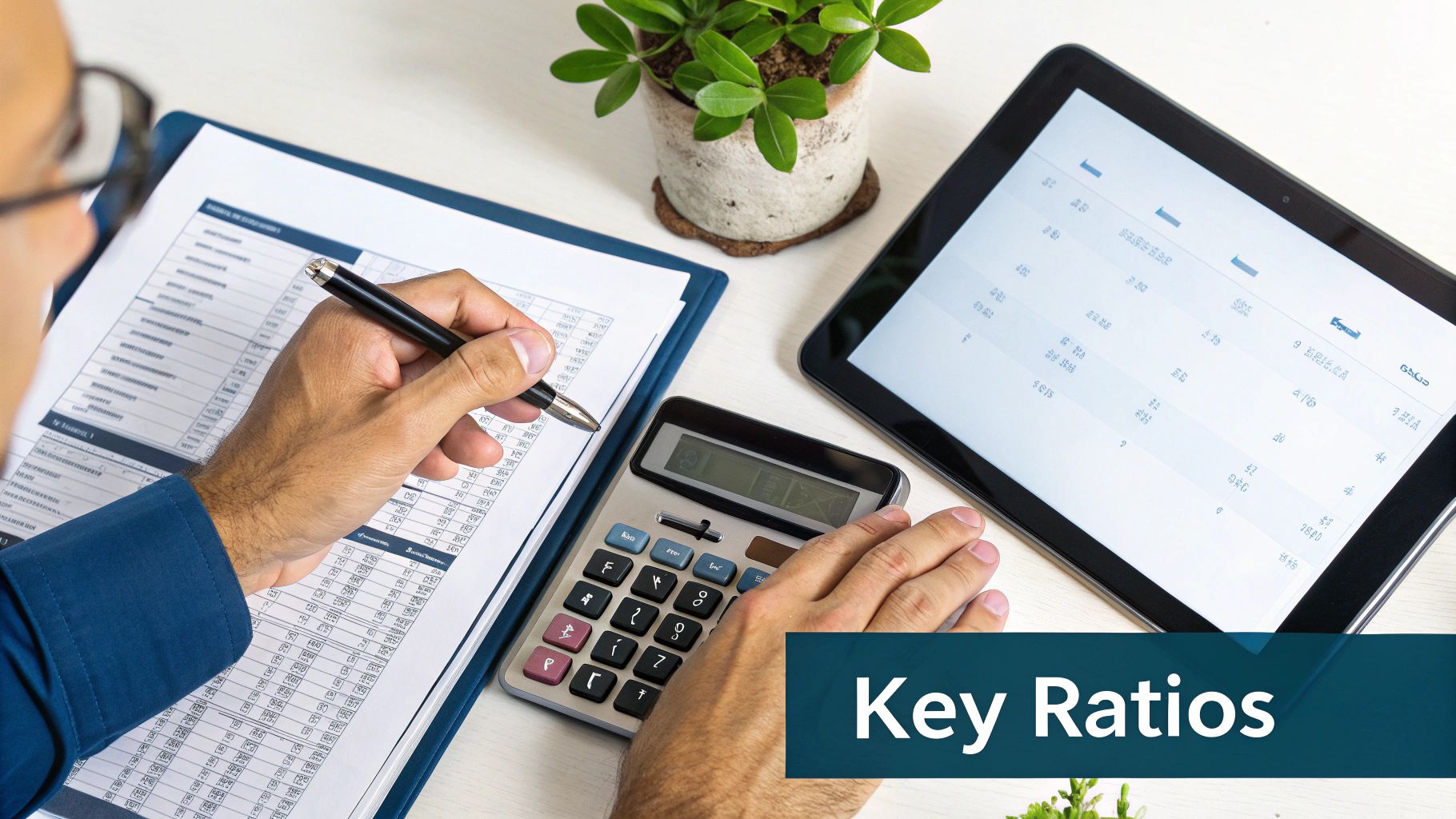 A person analyzing financial documents and key ratios with a calculator and tablet.