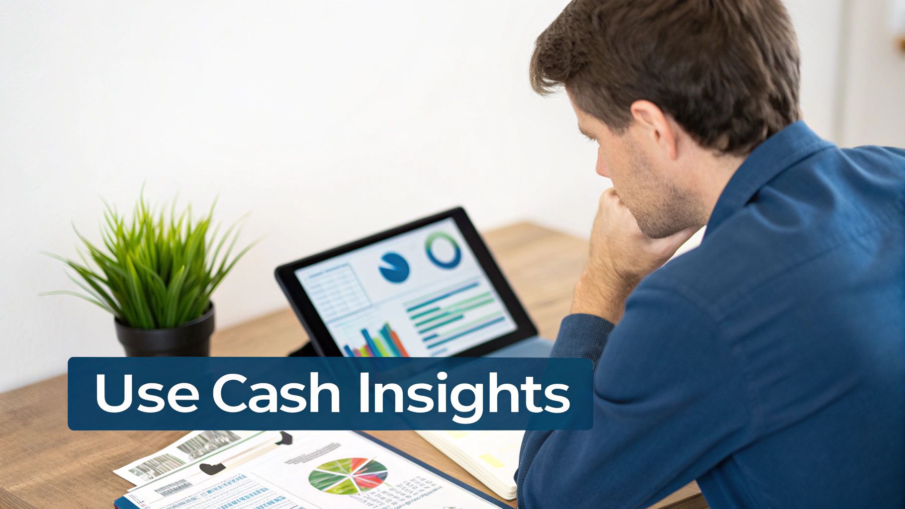 A man deeply focused, analyzing financial data and charts on a tablet, applying cash insights.