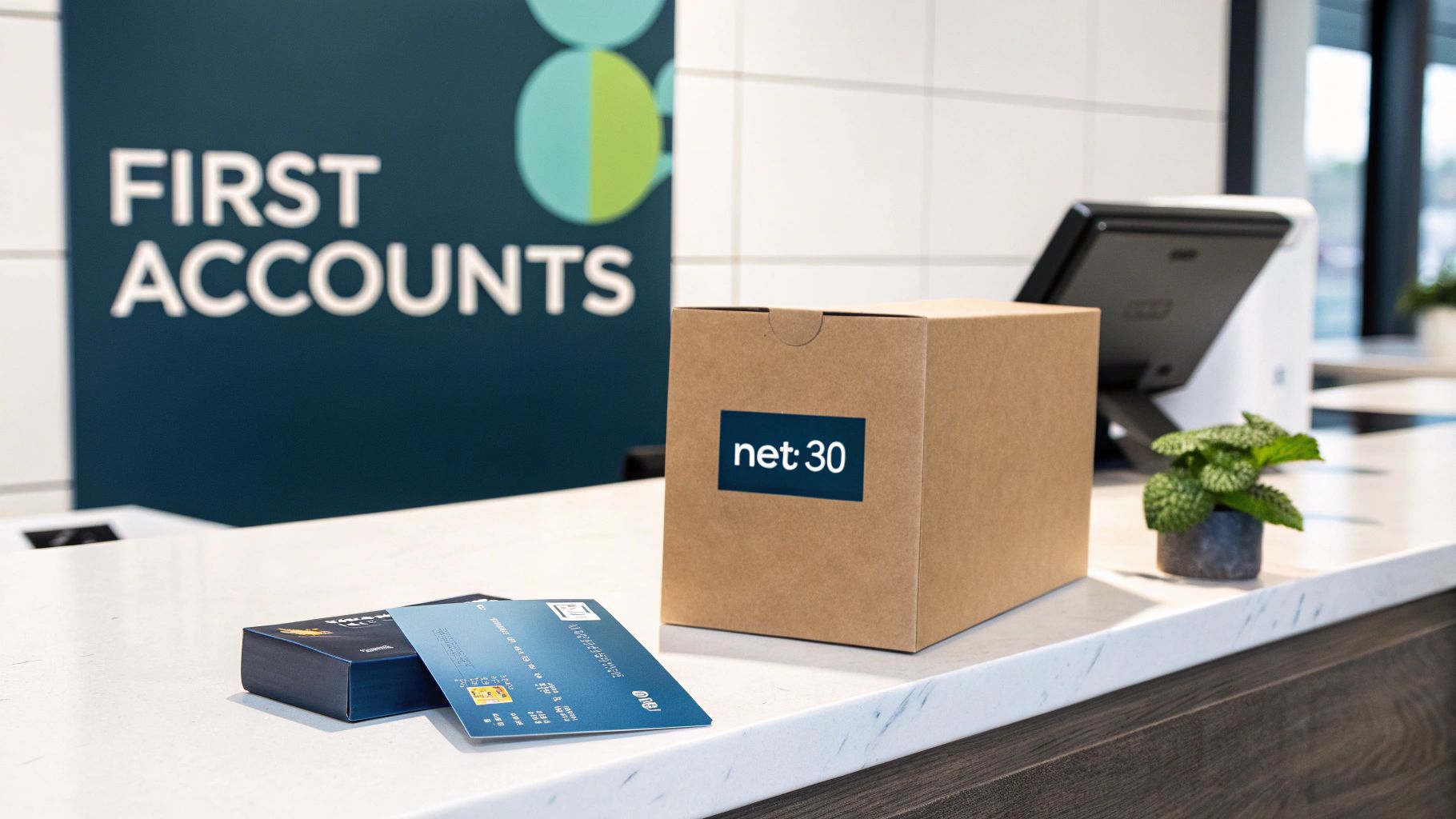 A net:30 box, credit cards, and a plant on a counter in a financial office with a 'FIRST ACCOUNTS' sign.