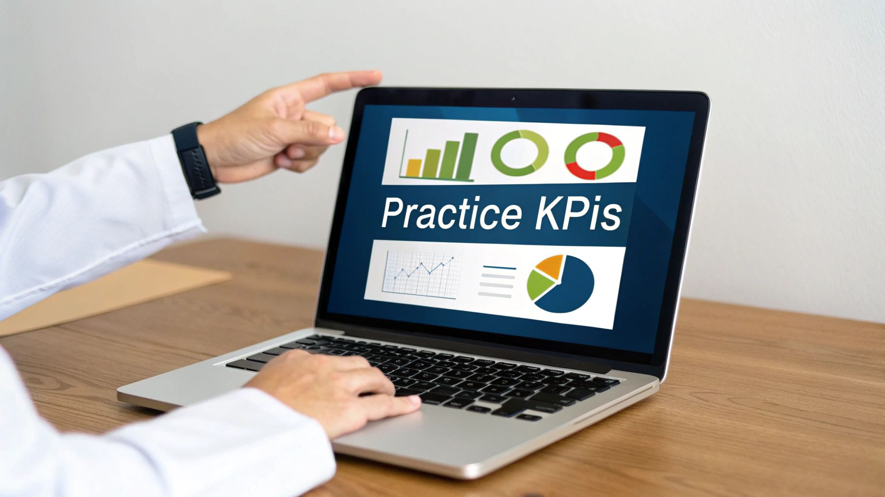 A person in a white coat points at a laptop displaying 'Practice KPIs' charts and graphs.