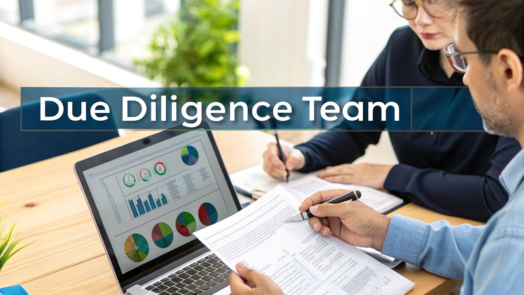 A due diligence team reviews financial documents and data on a laptop, collaborating in an office.