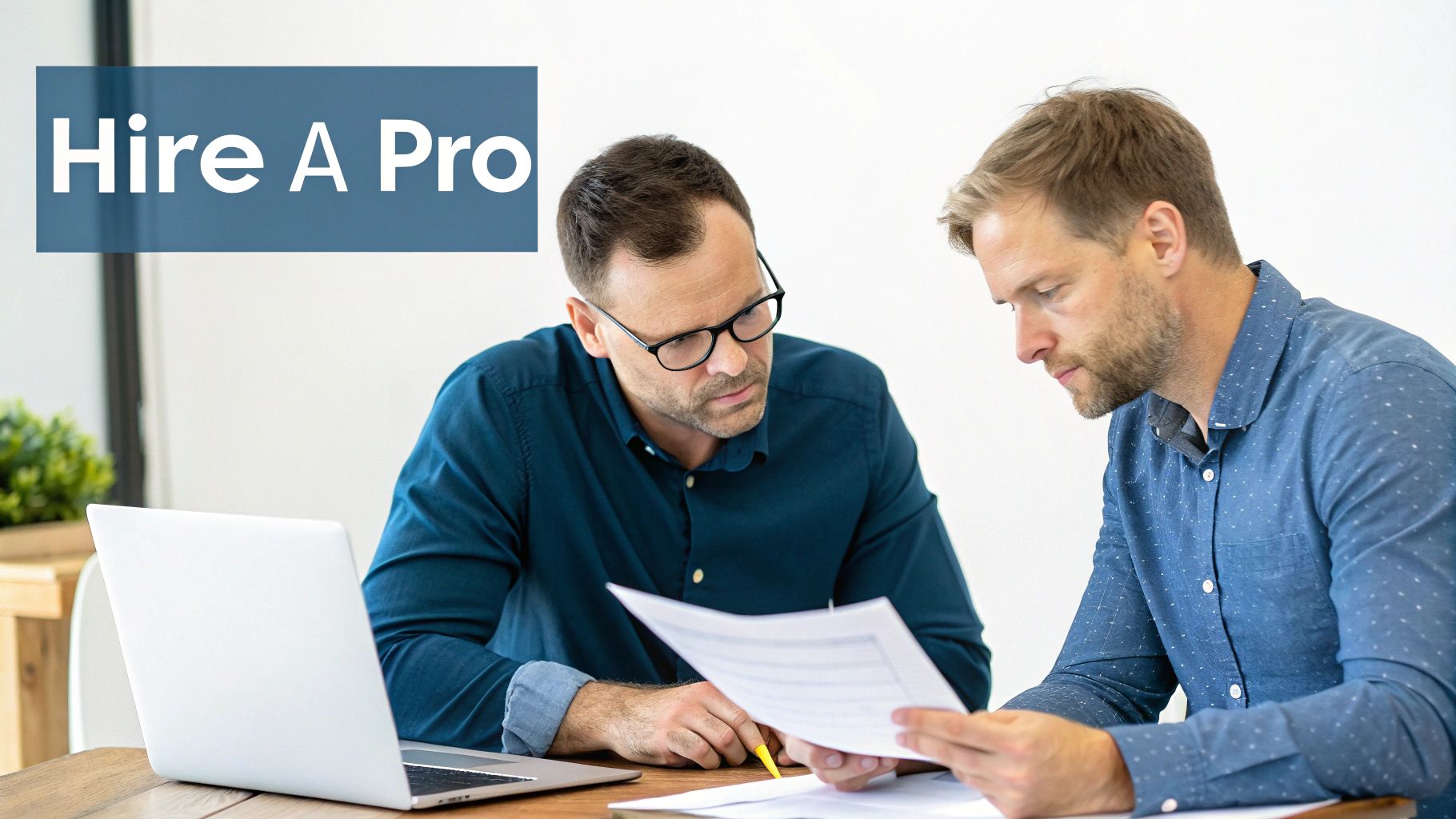 Two men, one in glasses, reviewing documents at a table with a laptop, suggesting professional consultation.
