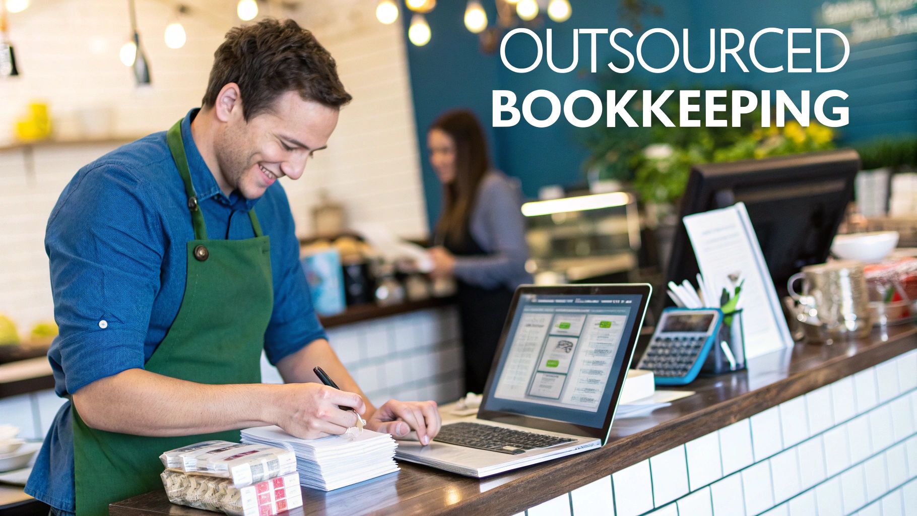 A smiling man in an apron works on a laptop and writes notes, managing small business finances.