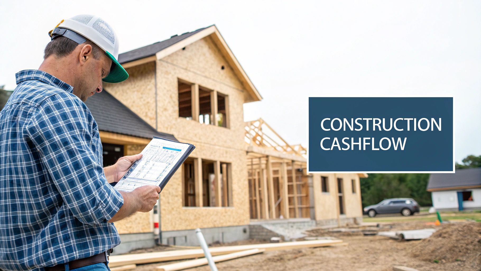 A construction worker in a hard hat reviews blueprints at a residential building site.