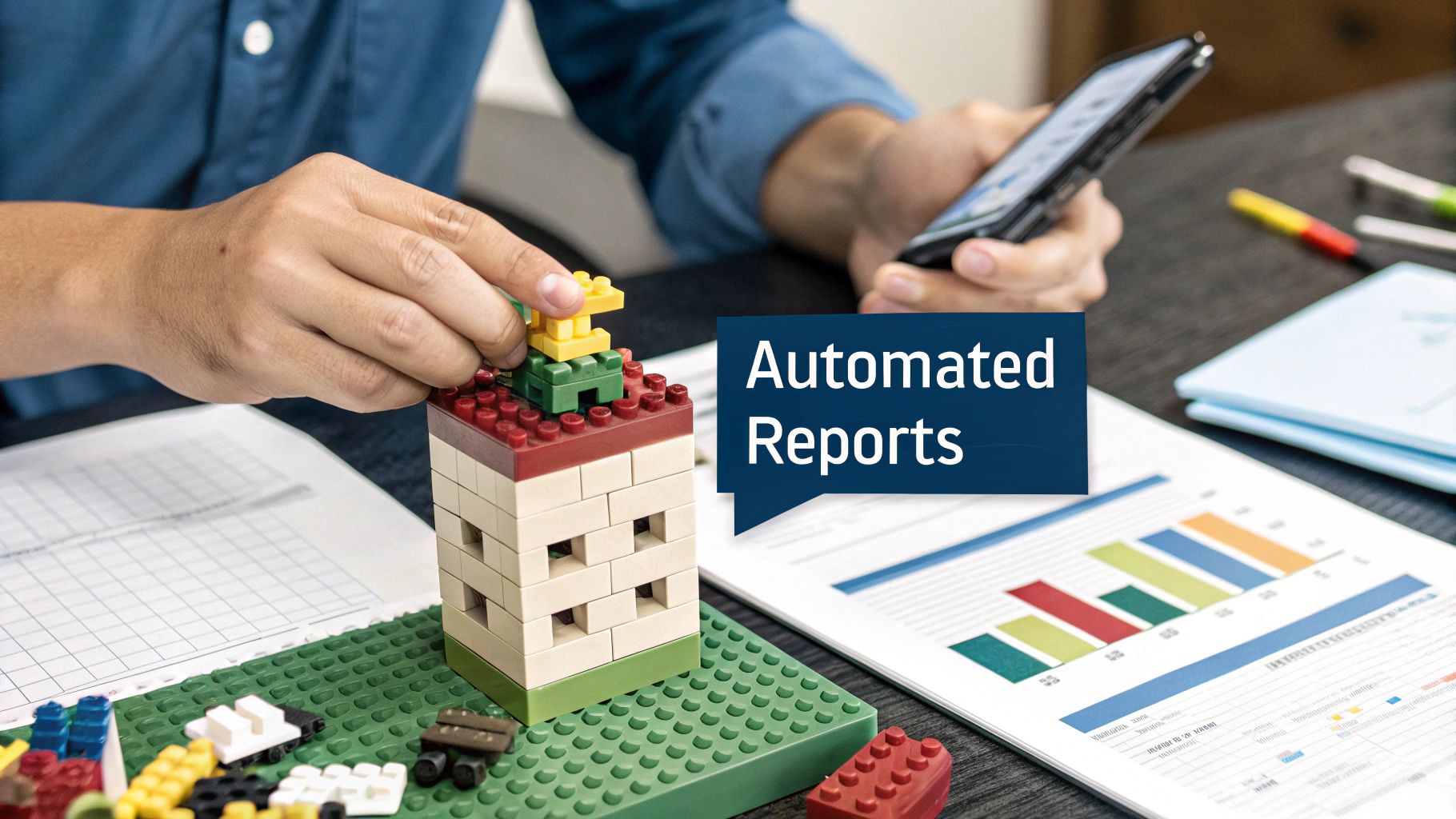 Person building with LEGO bricks, holding a smartphone, with a report and 'Automated Reports' text.