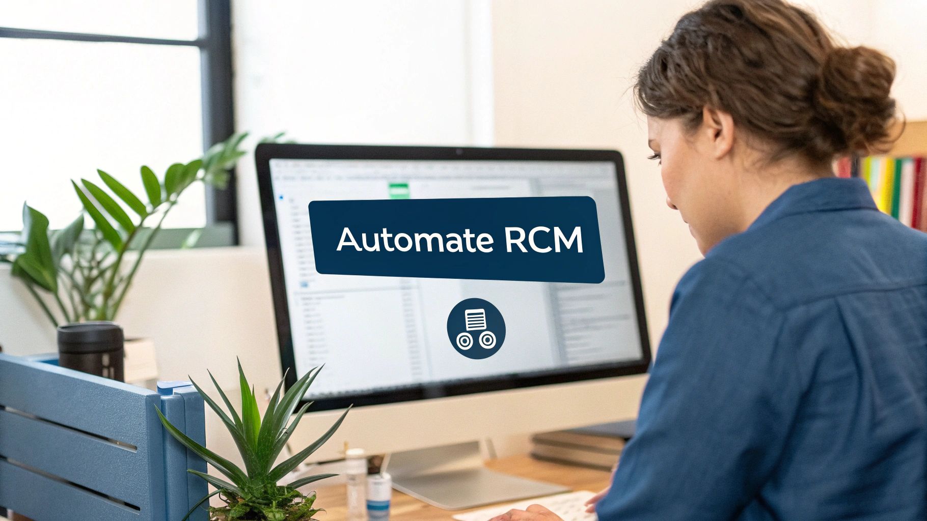Healthcare professional using computer with automated revenue cycle management software interface displayed on screen